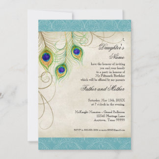 Invitación Fiesta Quinceanera de las plumas de pavo real Aqua