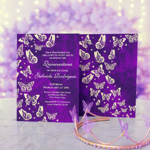 Invitación Fiesta Quinceanera de Lujo Morado y Mariposa de Or
