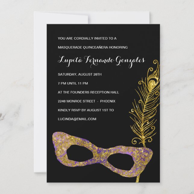 Invitación Fiesta Quinceanera de mascarada púrpura (Anverso)