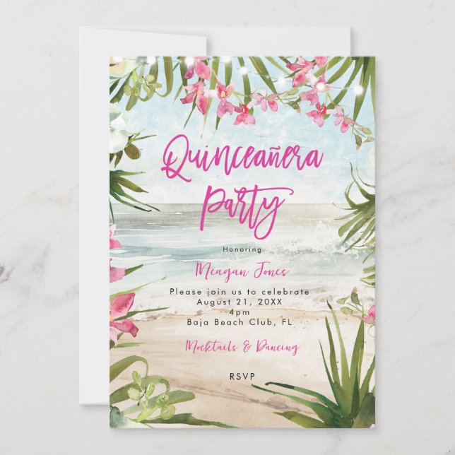 Invitación fiesta quinceanera de playa floral tropical (Anverso)