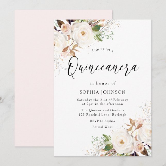 Invitación Fiesta Quinceanera de Rubor White Winter Forest (Anverso / Reverso)