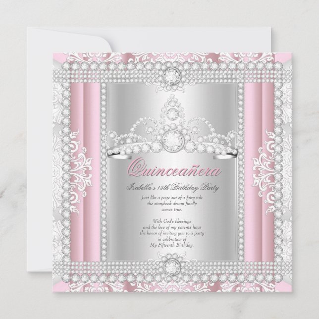 Invitación Fiesta Quinceanera Diamond Pink Tiara (Anverso)