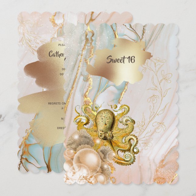 Invitación Fiesta Quinceanera elegante de oro marino Octopus (Anverso / Reverso)