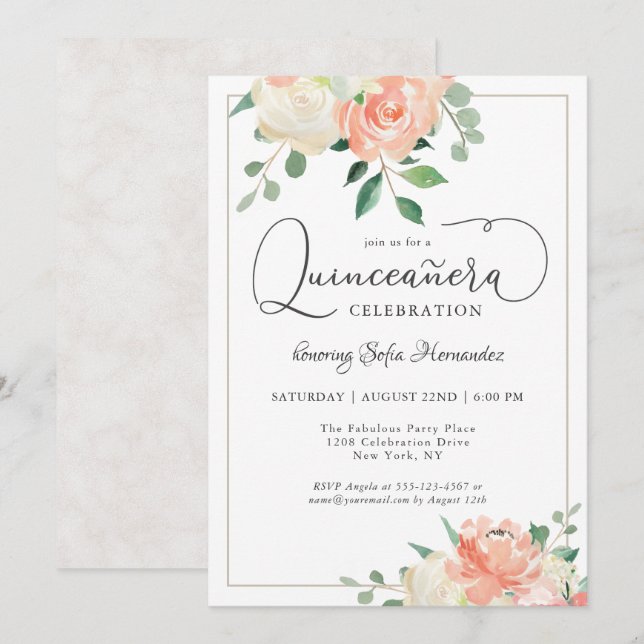 Invitación Fiesta Quinceanera elegante rosa y blanco (Anverso / Reverso)