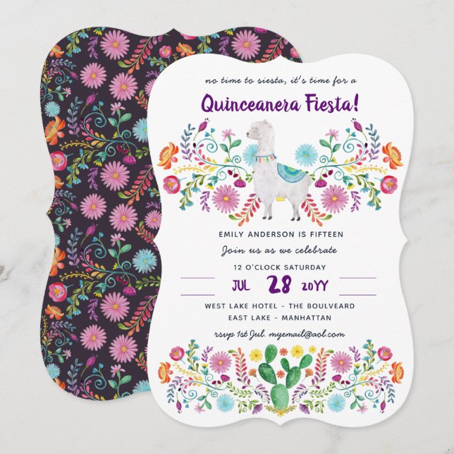 Invitación FiESTA Quinceanera flor folclórica mexicana llamad (Anverso / Reverso)