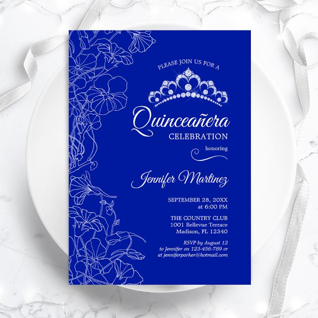 Invitación Fiesta Quinceanera floral azul real (Subido por el creador)