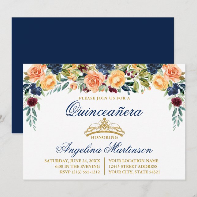 Invitación Fiesta Quinceanera Floral Blue Gold (Anverso / Reverso)