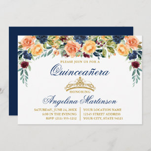 Invitación Fiesta Quinceanera Floral Blue Gold