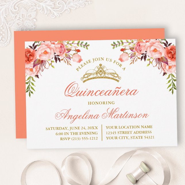 Invitación Fiesta Quinceanera floral de color de agua (Customize to change text color, style, add text & photos to back or change color of back of card.)