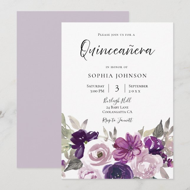 Invitación Fiesta Quinceanera floral de lavanda morada de inv (Anverso / Reverso)