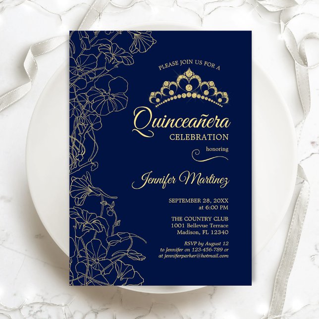 Invitación Fiesta Quinceanera floral de oro de la marina (Subido por el creador)