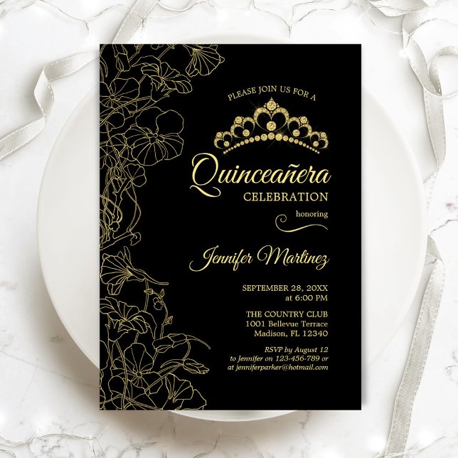 Invitación Fiesta Quinceanera floral de oro negro (Subido por el creador)