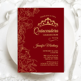 Invitación Fiesta Quinceanera floral de oro rojo