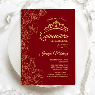 Invitación Fiesta Quinceanera floral de oro rojo