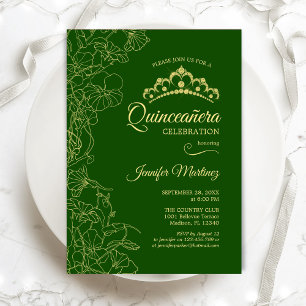 Invitación Fiesta Quinceanera floral de oro verde