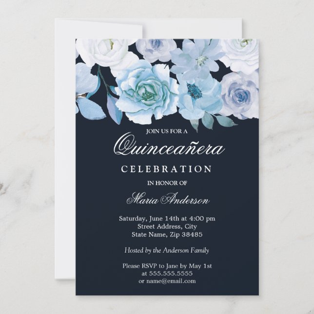 Invitación Fiesta Quinceanera floral gris azul de maravilla (Anverso)