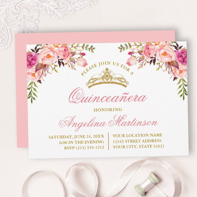 Invitación Fiesta Quinceanera floral rosa acuarela (Customize to change text color, style, add text & photos to back or change color of back of card.)