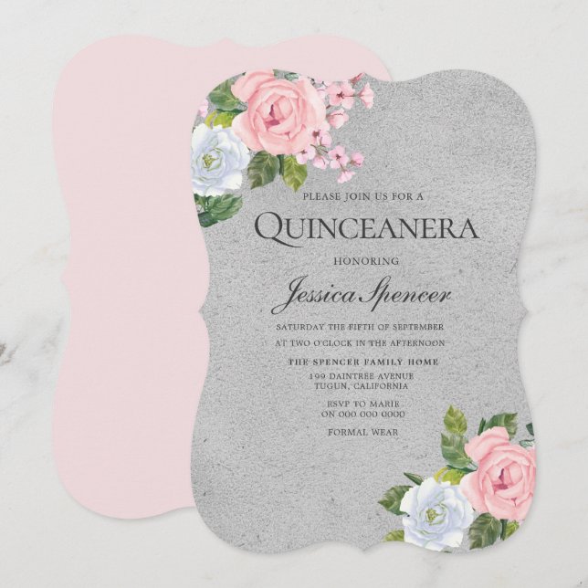 Invitación Fiesta Quinceanera floral rosa rosa de  (Anverso / Reverso)