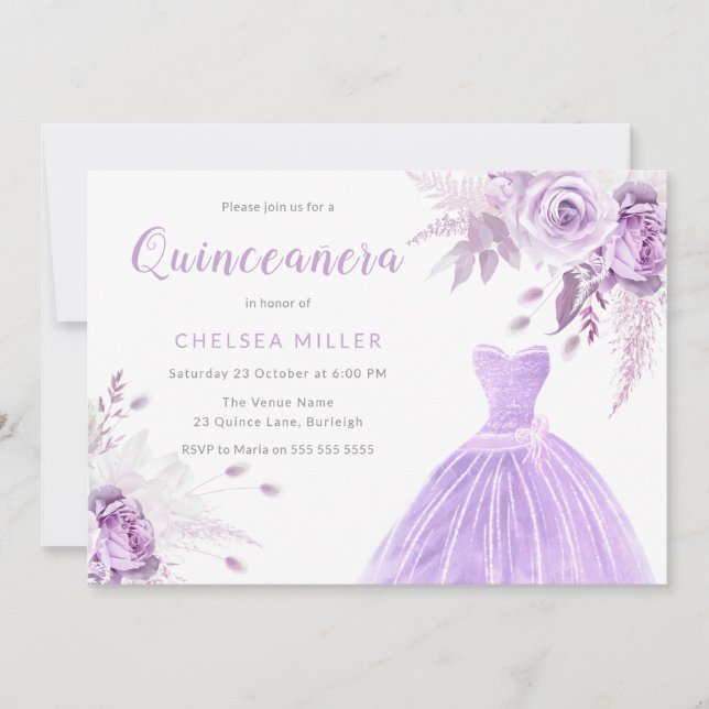 Invitación Fiesta Quinceañera Floral y de Vestido Lavanda Púr (Anverso)