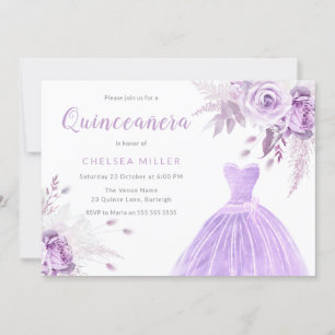 Invitación Fiesta Quinceañera Floral y de Vestido Lavanda Púr