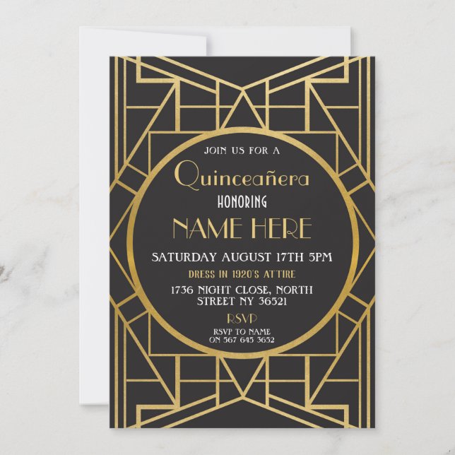 Invitación fiesta Quinceanera Gatsby en 1920 (Anverso)
