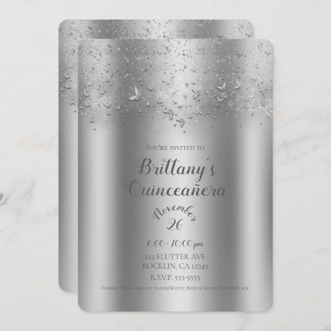 Invitación Fiesta Quinceañera Mariposa Brillo Plateado (Anverso / Reverso)