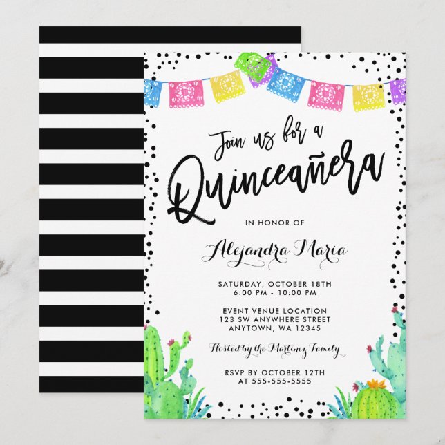 Invitación Fiesta Quinceanera mexicana moderna (Anverso / Reverso)