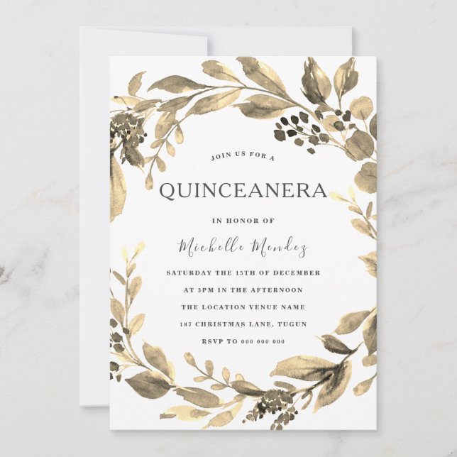 Invitación Fiesta Quinceanera moderna con hoja de oro (Anverso)