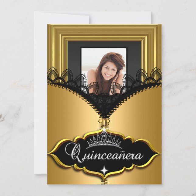 Invitación Fiesta Quinceanera Oro Chica de encaje negro foto (Anverso)