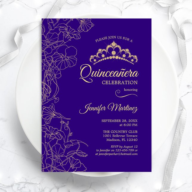 Invitación Fiesta Quinceanera Purple Gold Floral (Subido por el creador)