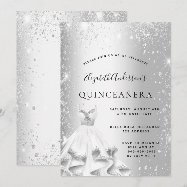 Invitación Fiesta Quinceanera purpurina de ropa de plata (Anverso / Reverso)