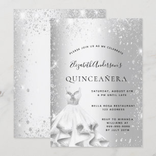 Invitación Fiesta Quinceanera purpurina de ropa de plata