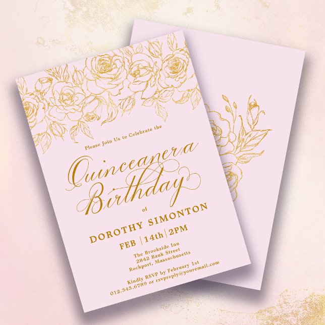 Invitación Fiesta Quinceanera Rosa de oro Floral Rubor rosa (Subido por el creador)