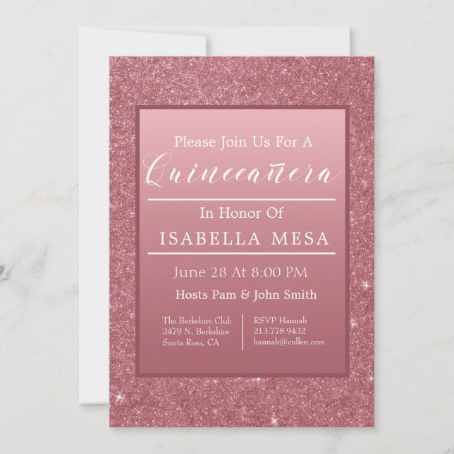 Invitación Fiesta Quinceanera Rosa Gold Sparkle (Anverso)
