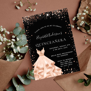 Invitación Fiesta Quinceanera rosa negro vestido purpurina de