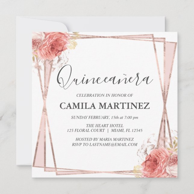 Invitación Fiesta Quinceanera Rosa Rosa de Oro Blanco Rubor (Anverso)