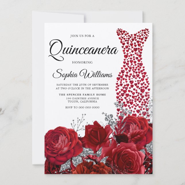 Invitación Fiesta Quinceanera Roses Roses Rojos Vestidos de C (Anverso)