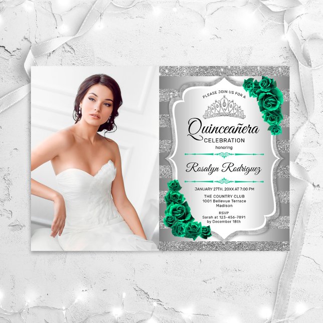 Invitación Fiesta Quinceanera Verde Plateado con foto (Subido por el creador)