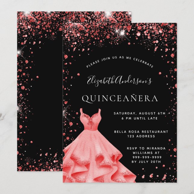 Invitación Fiesta Quinceanera vestido purpurina rojo negro (Anverso / Reverso)