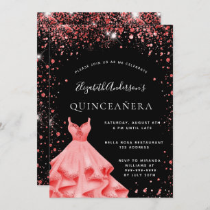 Invitación Fiesta Quinceanera vestido purpurina rojo negro