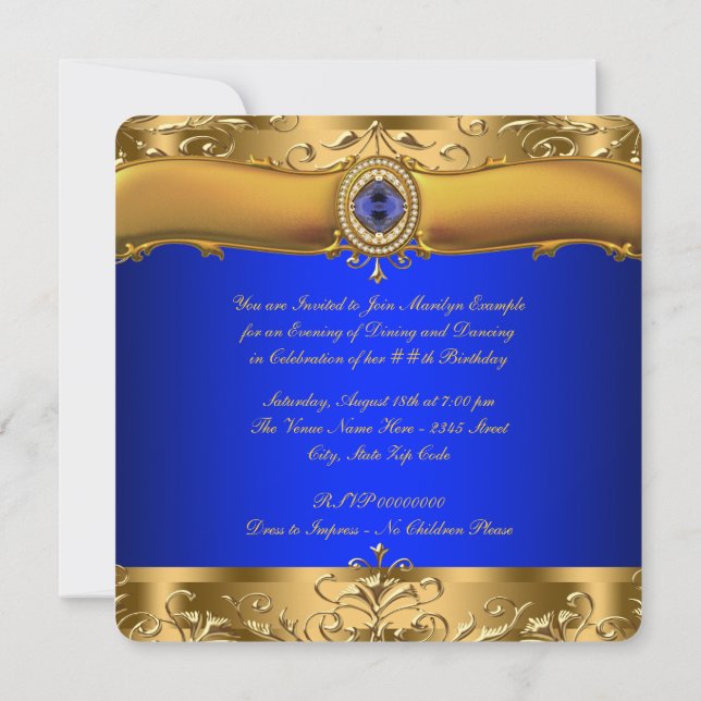 Invitación Fiesta Real Azul y Oro (Reverso)