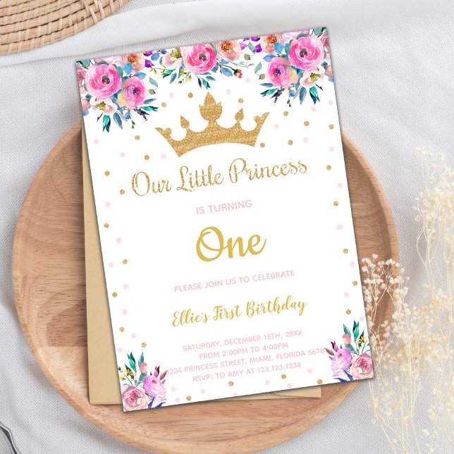 Invitación Fiesta Real Editable para Chicas (Floral Crown Glitter Princess Birthday Invitations)