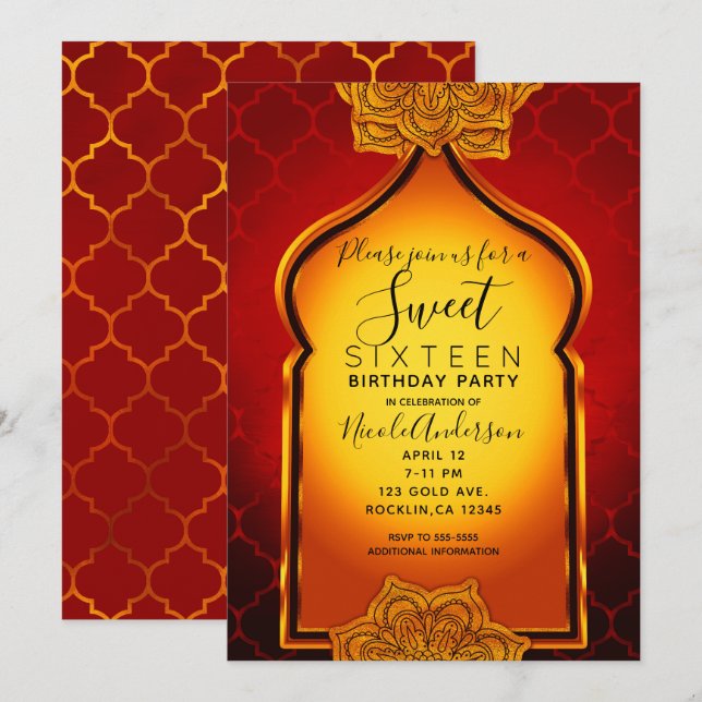 Invitación Fiesta Real India Árabe Dulces 16 de Fuego Rojo Or (Anverso / Reverso)