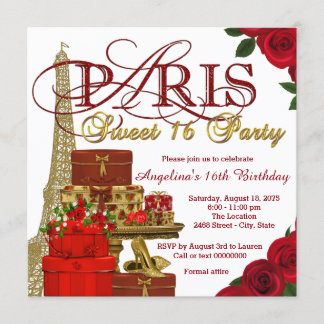 Invitación Fiesta Red and Gold Paris Sweet 16