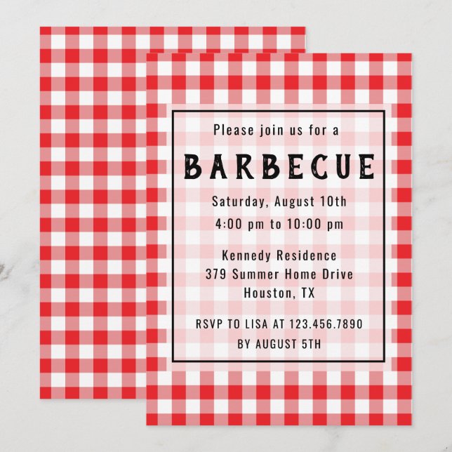 Invitación Fiesta Red Gingham BBQ (Anverso / Reverso)