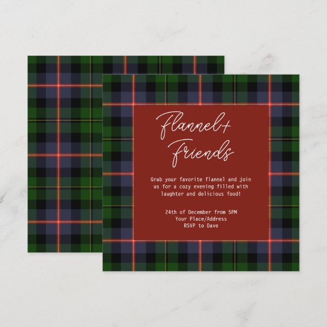Invitación Fiesta Red Green Tartan Flannel & Friends Navidade (Anverso / Reverso)