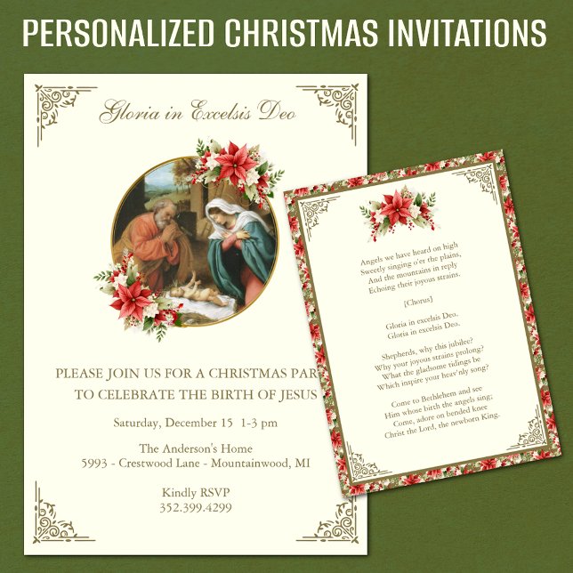Invitación Fiesta religiosa de Navidad para Jesús (Personalized Vintage Christmas Invitations with Nativity Scene, Christmas Hymn and red poinsettias)
