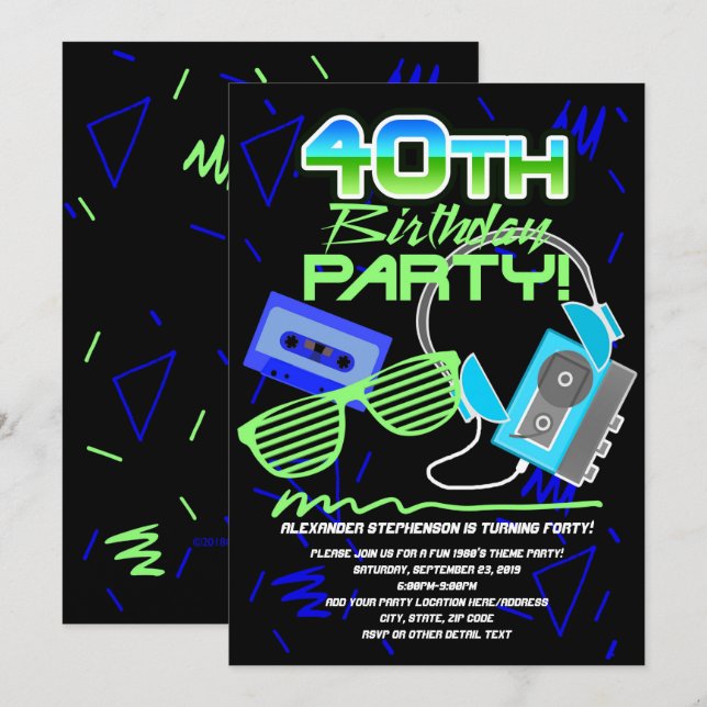 Invitación fiesta Retro 40 de los años 80 (Anverso / Reverso)