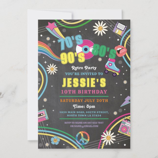 Invitación Fiesta Retro 70's 80s 90s Birthday Vintage Disco (Anverso)
