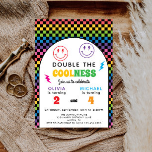 Invitación Fiesta Retro Arcoíris Doble Celebración Cumpleaños